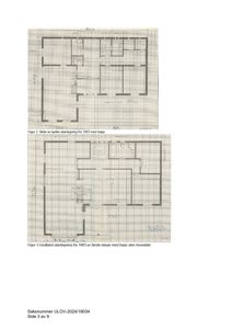 Bildet viser to arkitektoniske plantegninger (kjeller og første etasje) med romfordeling og dimensjoner.