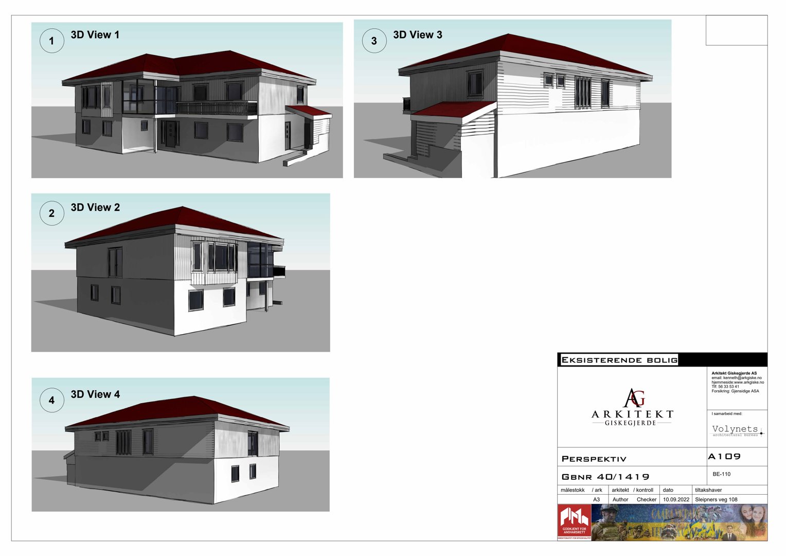 Bildet viser fire 3D-perspektivtegninger (renderinger) av en planlagt bolig, merket som '3D View 1' til '4'.
