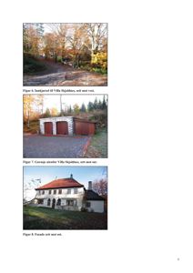 Side med tre fotografier av Villa Skjoldnes: innkjørsel, garasje og fasade.