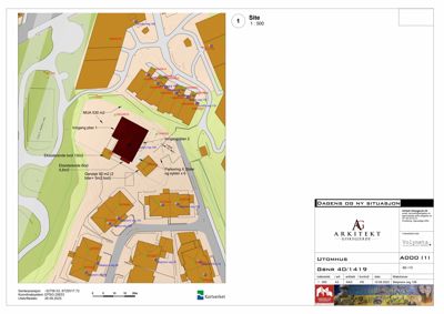 Situasjonsplan som viser eksisterende og planlagt bebyggelse, veier, parkering og arealbruk på tomten.