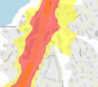 Kart over et område med vegnavn (f.eks. Lahammaren, Harald Stjords veg) og overlag med fargede soner (rød og gul) som sannsynligvis representerer planområder eller soner.