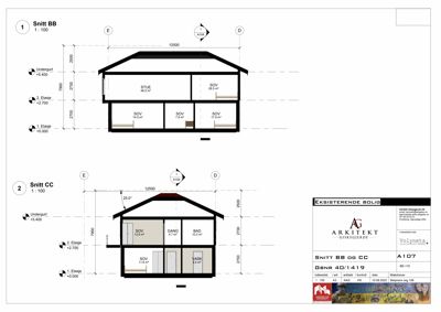 Snittegning (Snitt BB og CC) som viser tverrsnittet av en eksisterende bolig med romfordeling og høyder.