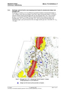 Kart som viser beregnede lydnivåer (rød og gul sone) i forhold til eksisterende boliger og vegtrafikk.