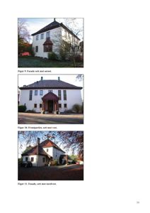 Tre fotografier av en bygning (fasader) med tekster under hver.