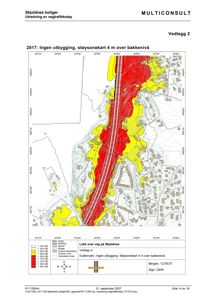 Støysoneskart som viser forutsatt støyfordeling (dB) i området rundt en planlagt vei (Lokk over veg på Skjoldnes). Kartet inkluderer topografi, eksisterende bygninger og beregningsområder.