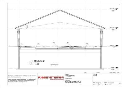 Snittegning (Section 2) som viser tverrsnittet av en bygning med høydeangivelser for ulike plan.