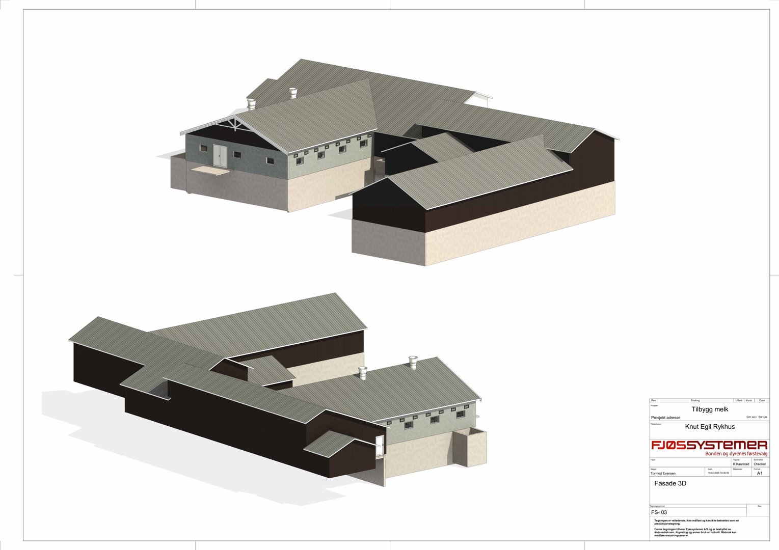 3D-visualisering av en bygning sett fra flere vinkler, med farge og skygger.