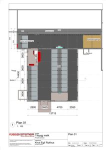Etasjeplan (Plan 01) som viser romfordeling, mål og funksjoner i en bygning.