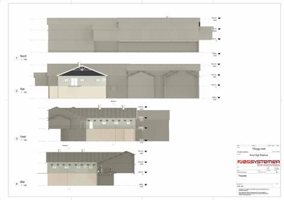 Fasadetegning som viser bygningens utseende sett fra fire sider (Nord, Sør, Vest, Øst).