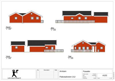 Fasadetegning som viser bygningens utseende fra fire sider (Nord, Øst, Vest og Sør) med mål 1:100.