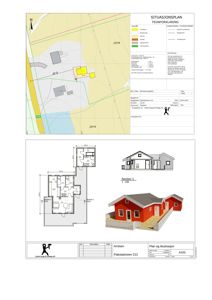Bildet viser en situasjonsplan med tegnforklaring øverst, og nedenfor en etasjeplan (floor plan) med romfordeling, samt et snitt (section) og en rendering av huset.