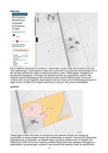 Bildet viser en side fra en rapport eller et dokument som inneholder tekst om naturvern og jordvern. Det er inkludert to kart: et digitalt kart fra Naturbase som viser en fugleobservasjon, og et kart fra Miljøstøkk som viser eiendomsareal med fargekodet bruk (f.eks. bebygd, utemåle, landbruksjord).