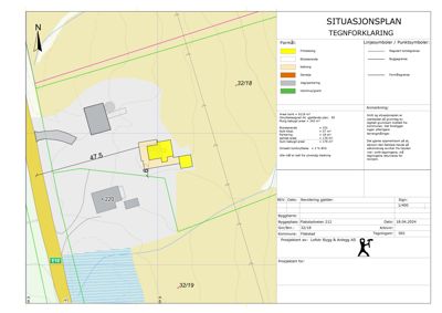 Situasjonsplan (tomtekart) som viser bygningers plassering, arealer og forhold til omgivelsene.