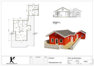 Bildet viser en kombinasjon av etasjeplan (venstre side) og en snittegning/visualisering (høyre side). Den dominerende informasjonen er romfordelingen i plantegningen.