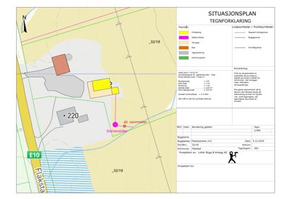Situasjonsplan med tegnforklaring, som viser tomtens beliggenhet, bygninger, vegger og arealoppdelinger.