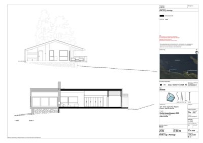 Snittegning (Snitt 1) som viser bygningens tverrsnitt, romfordeling og konstruksjon.