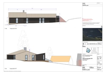 Fasadetegning som viser bygningens utseende fra sør og øst, inkludert mål, materialer og skisse.