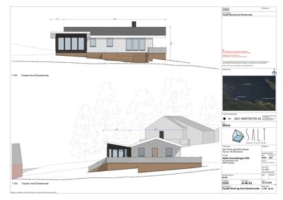 Fasadetegning som viser bygningens utseende fra nord og vest, inkludert mål og detaljer.