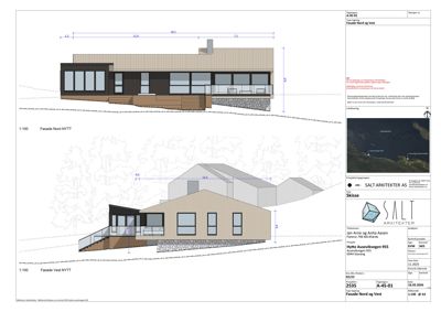 Fasadetegning som viser oppriss av bygningens front med mål og materialvalg.