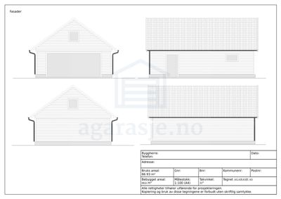Fasadetegning som viser front- og sideutsikt av en garasje eller liten bygning.