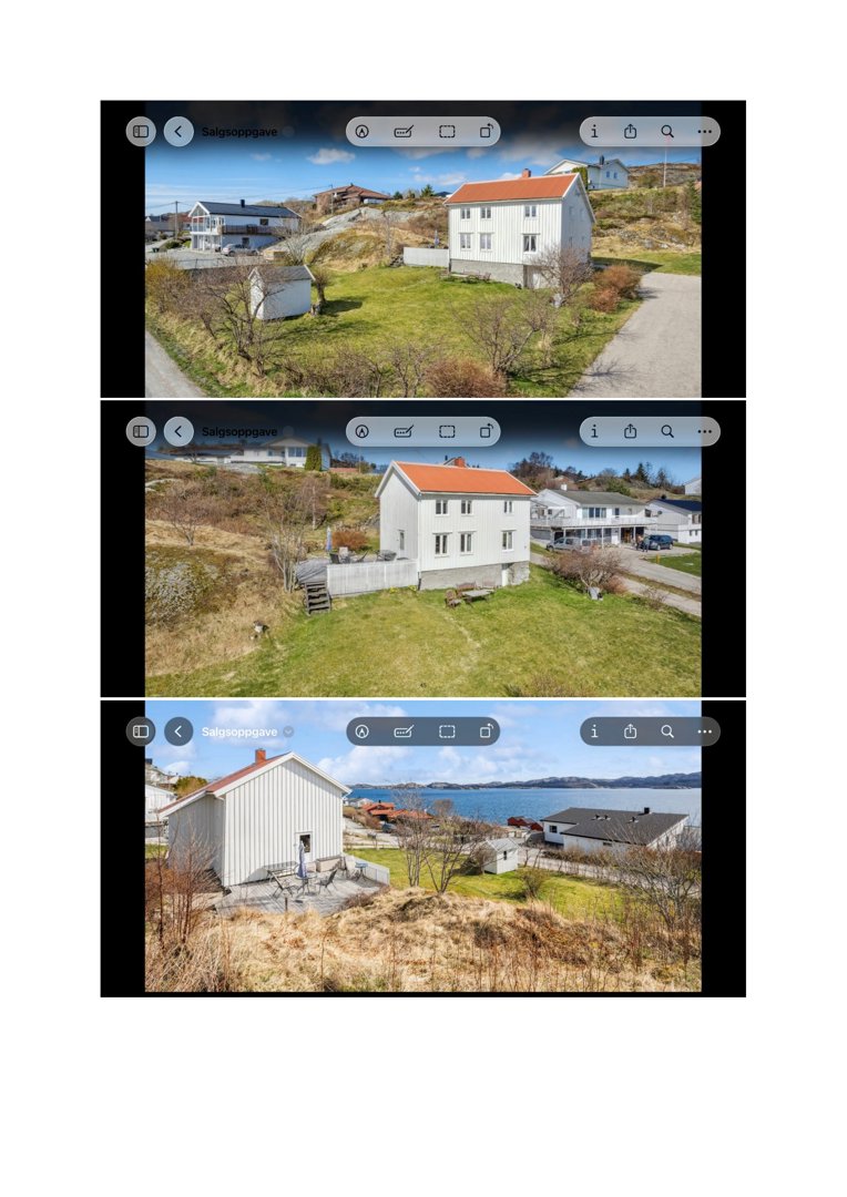 En samling av tre fotografier som viser en eiendom fra ulike vinkler, inkludert en panoramautsikt over havet.