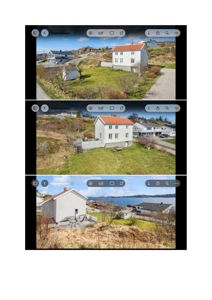 En samling av tre fotografier som viser en eiendom fra ulike vinkler, inkludert en panoramautsikt over havet.