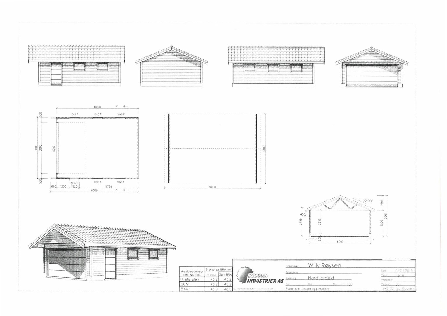 Fasadetegning som viser bygningens utseende fra fire ulike vinkler (front, side, bak og garasje), samt en snittegning og et perspektivbilde.