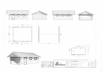 Fasadetegning som viser bygningens utseende fra fire ulike vinkler (front, side, bak og garasje), samt en snittegning og et perspektivbilde.