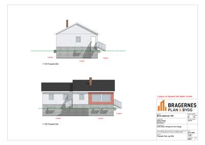 Fasadetegning som viser bygningens utseende sett fra øst og sør.