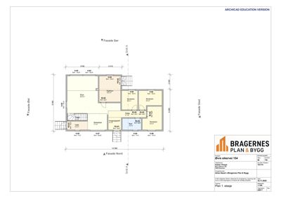 Etasjeplan (Plan 1. etasje) som viser romfordeling, veggposisjoner og mål for en bolig.