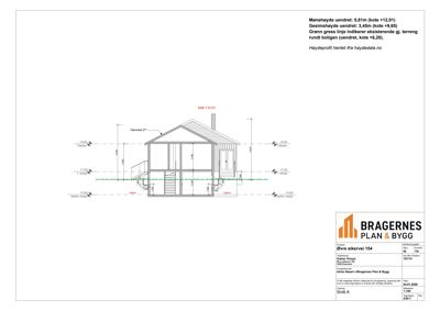 Snittegning av en bolig som viser høyder, takform og konstruksjon.
