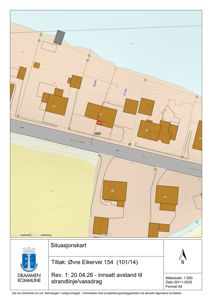 Situasjonskart som viser tomt, bygninger, veier og vann i Øvre Eikervei 154.