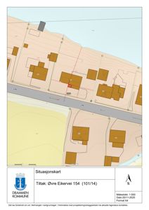 Situasjonskart som viser tomtens beliggenhet i forhold til nabolag, vegger og terrengforhold.
