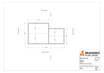 Fasadetegning som viser bygningens utseende sett fra ulike sider (Nord, Sør, Øst, Vest) med mål og snittlinjer.