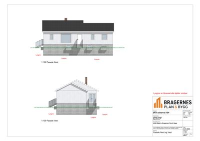 Fasadetegning som viser bygningens utseende sett fra nord og vest.