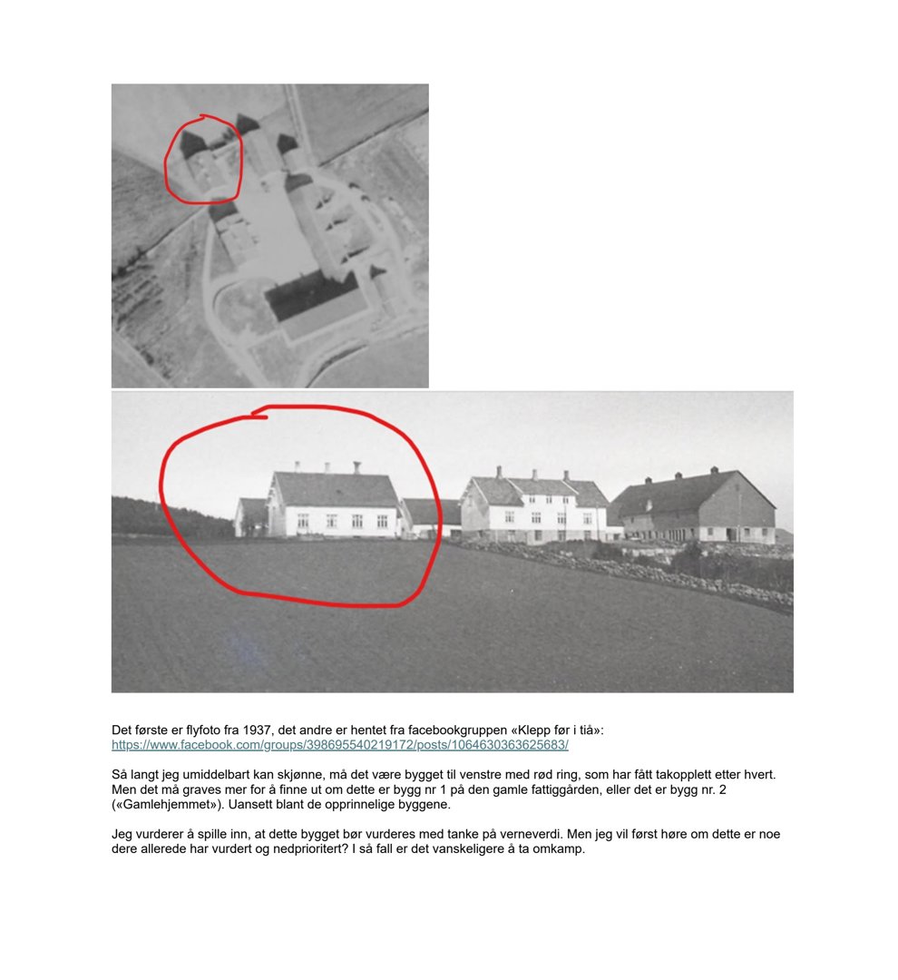 Bildet viser to historiske svart-hvitt-fotografier av en bygning eller eiendom, med røde sirkler som peker på spesifikke deler. Under bildene er det tekst som forklarer at de er flyfoto fra 1937 og et bilde fra Facebook-gruppen «Klepp før i tiå».