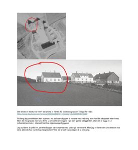 Bildet viser to historiske svart-hvitt-fotografier av en bygning eller eiendom, med røde sirkler som peker på spesifikke deler. Under bildene er det tekst som forklarer at de er flyfoto fra 1937 og et bilde fra Facebook-gruppen «Klepp før i tiå».