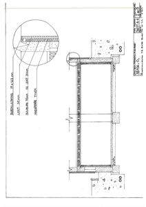 Snittegning som viser detaljert oppbygging av en vegg eller konstruksjon, inkludert materialtykkelse og -navn.