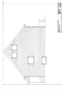 Fasadetegning som viser bygningens utside med vinduer, takform og trapp opp til inngang.