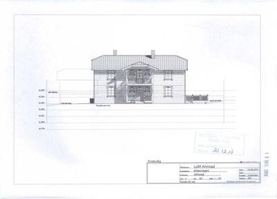 Fasadetegning (opprikk) av en enebolig sett fra vest.