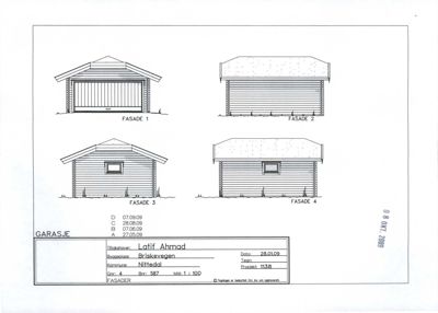 Fasadetegning som viser fire utsnitt av en garasje (Fasade 1-4) med detaljer om tak, vegger og dører.