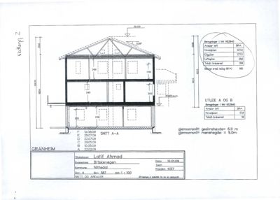 Snittegning (SNITT A-A) som viser bygningens tverrsnitt, høyder, etasjer og arealoppdeling.