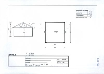 Tegning som viser plan, snitt og arealberegninger for en garasje.