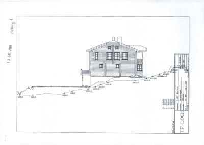 Fasadetegning som viser bygningens utseende fra siden, med oppgitt høyder og terrengkurve.