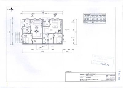 Etasjeplan for en enebolig med romfordeling, mål og arealoppsummering.