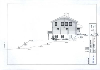 Snittegning som viser bygningens tverrsnitt, høydemålinger og terrengforhold.