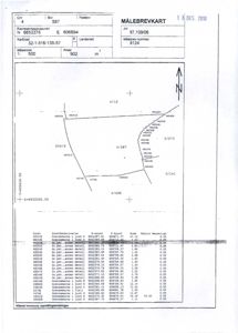 Målebrevkart som viser eiendomsnummer, festesituasjon, grenser og punktbeskrivelser for en tomt.