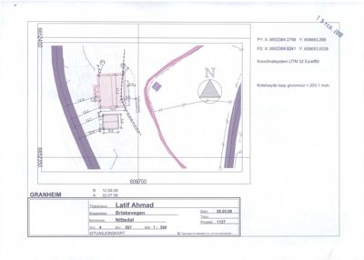 Situasjonskart som viser bygningens plassering på tomt, grenser, veier og koordinater.