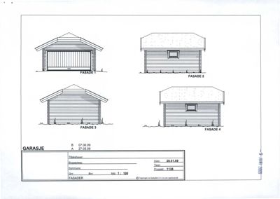 Fasadetegning som viser fire utsyn av en garasje (FASADE 1-4).