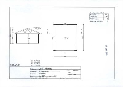 Snittegning av en garasje med oppgitt mål og areal.